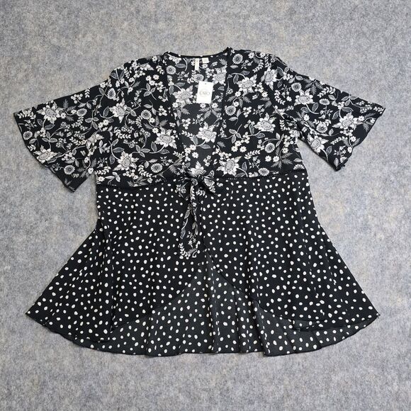 Cato Top Tie Front Kimono Large White Black Floral Short Sleeve Flowy V Neck - Picture 3 of 10